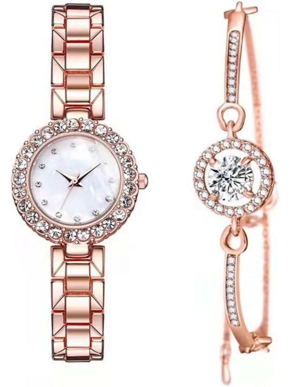 Women's Rose Gold Analog Quartz Classic Alloy Strap Crystal Bracelet Set Watch
